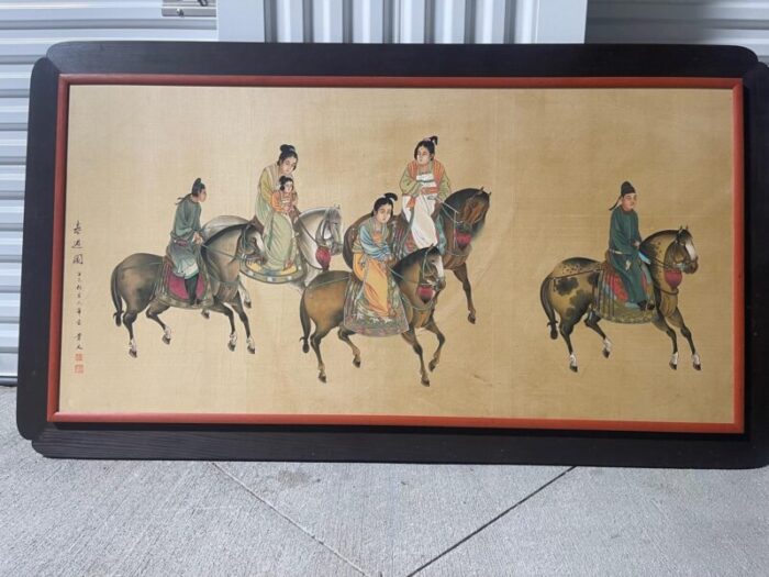 framed chinese painting of a family on horses late 19th century 7208