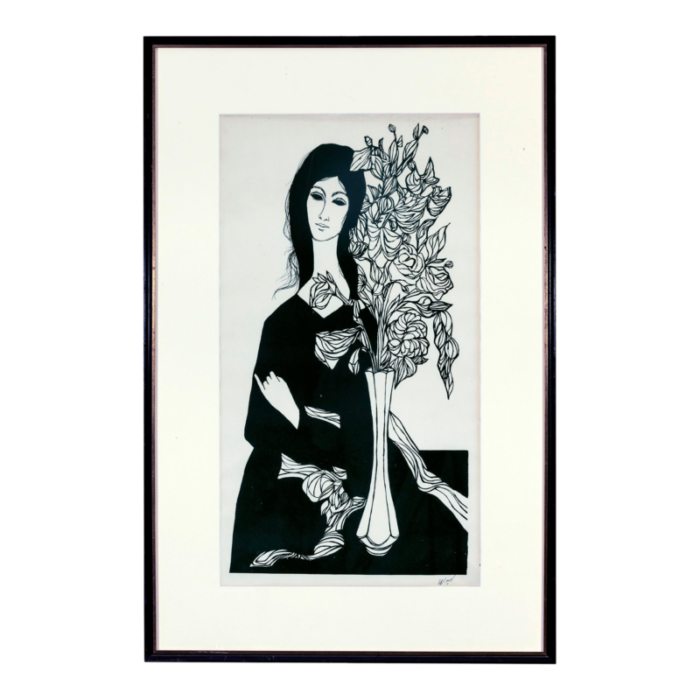 framed ink drawing of woman with flowers 2123