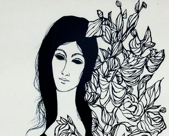 framed ink drawing of woman with flowers 6651