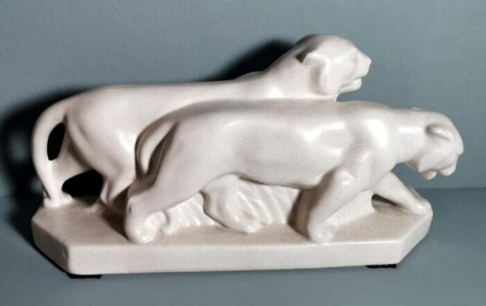 french art deco white craquele ceramic panthers in the style of saint clement 1930 set of 2 0171