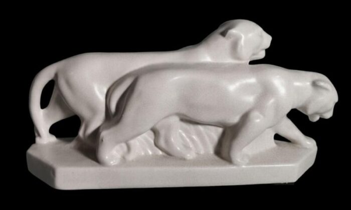 french art deco white craquele ceramic panthers in the style of saint clement 1930 set of 2 0838