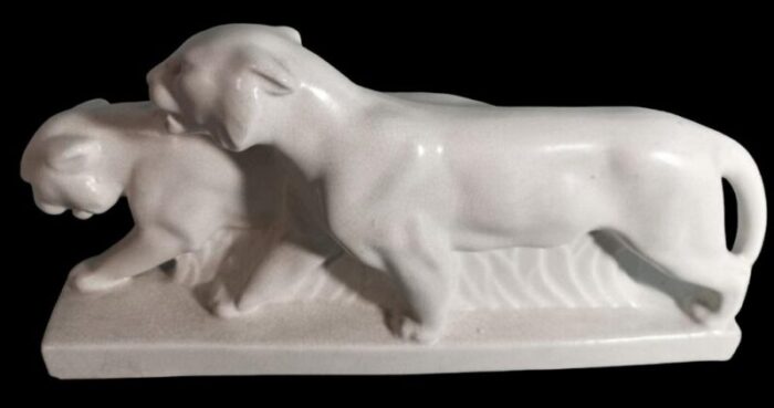 french art deco white craquele ceramic panthers in the style of saint clement 1930 set of 2 1238