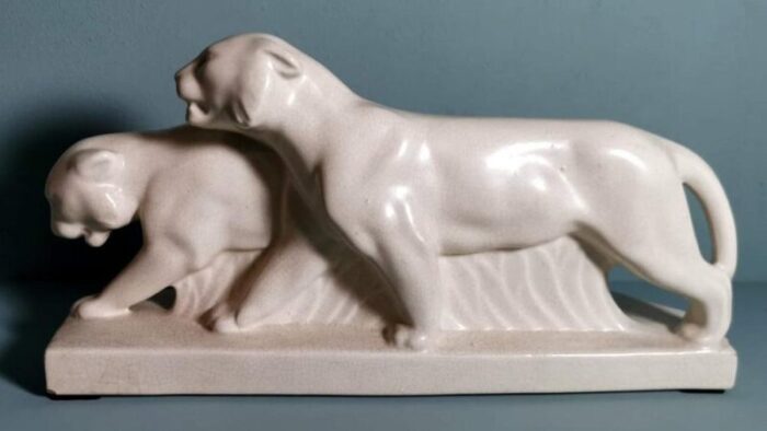 french art deco white craquele ceramic panthers in the style of saint clement 1930 set of 2 5672