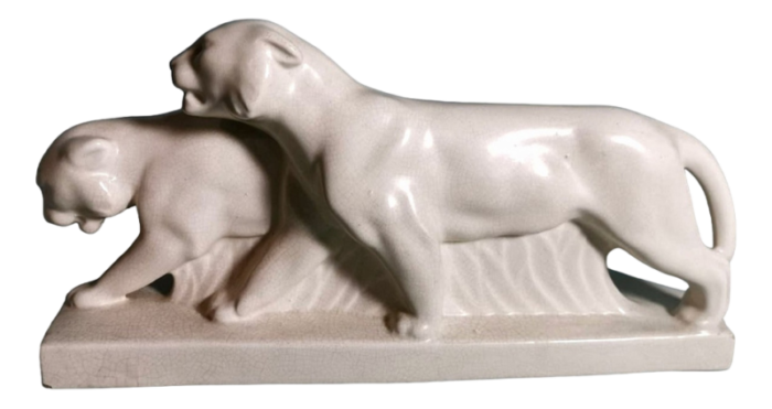 french art deco white craquele ceramic panthers in the style of saint clement 1930 set of 2 5985