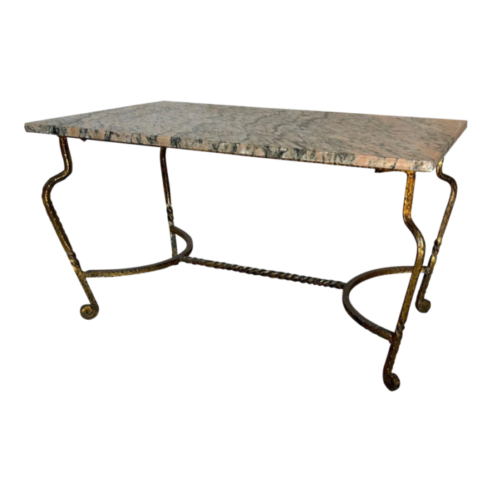 french gilt iron coffee table with pink and black marble top 0067