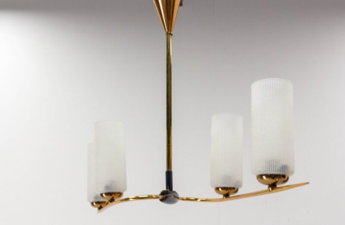 french golden chrome and frosted glass ceiling pendant in the style of arlus 1960s 3