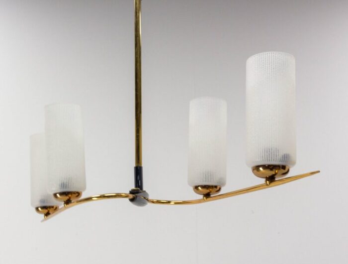 french golden chrome and frosted glass ceiling pendant in the style of arlus 1960s 6