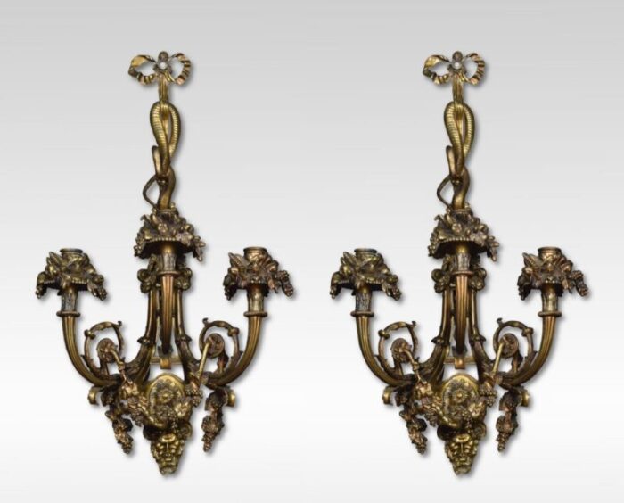 french louis xiv style gilt bronze 3 arm wall sconces set of 2 1