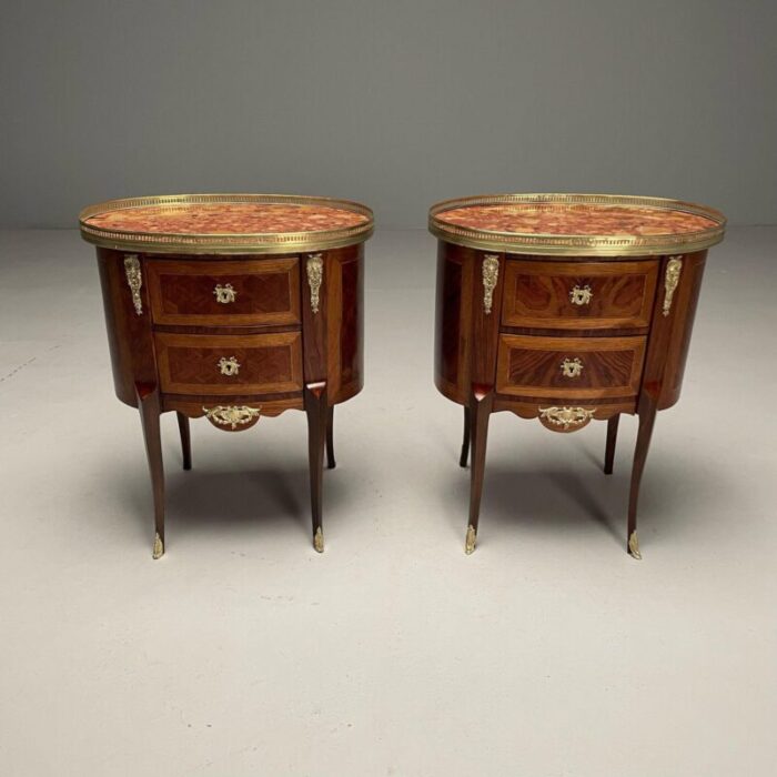 french louis xv side tables marquetry marble brass france 1930s 0488