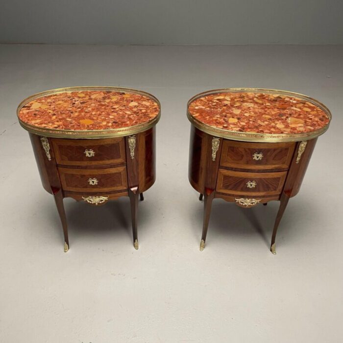 french louis xv side tables marquetry marble brass france 1930s 1217