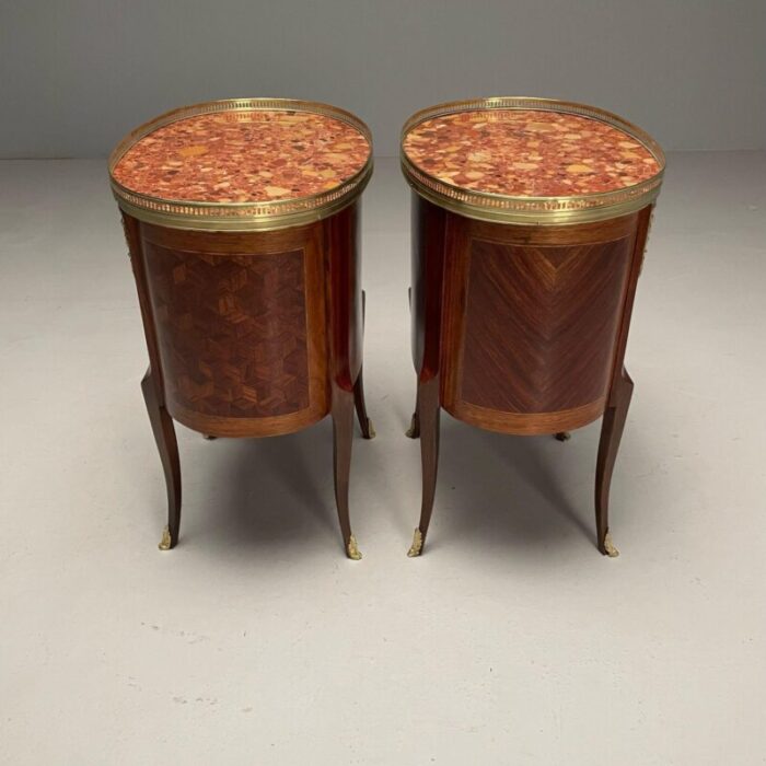 french louis xv side tables marquetry marble brass france 1930s 2777