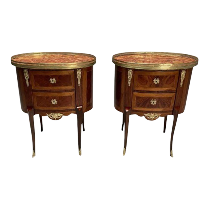 french louis xv side tables marquetry marble brass france 1930s 5480