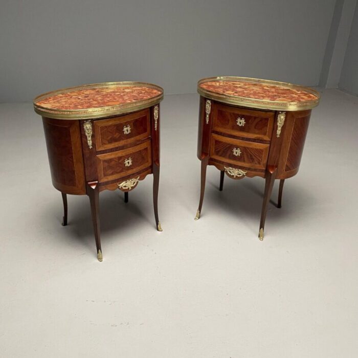 french louis xv side tables marquetry marble brass france 1930s 7528