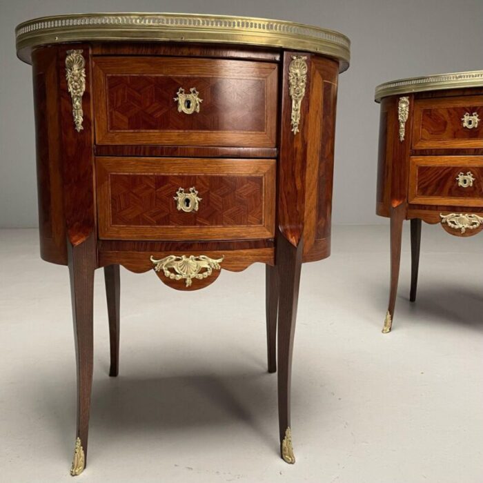 french louis xv side tables marquetry marble brass france 1930s 8227