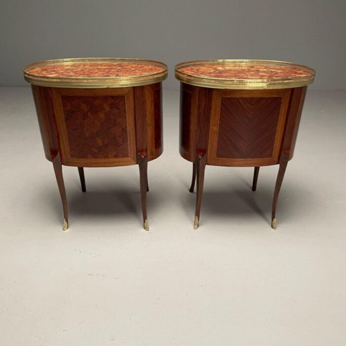 french louis xv side tables marquetry marble brass france 1930s 8998