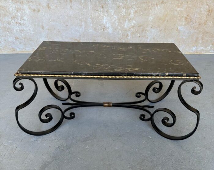 french scrolled iron coffee table with marble top 7081