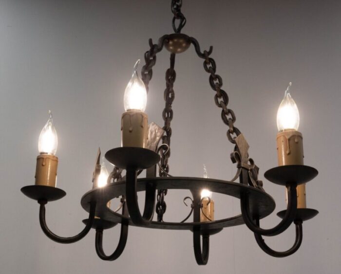 french wrought iron fleur de lys chandelier 1940s 5