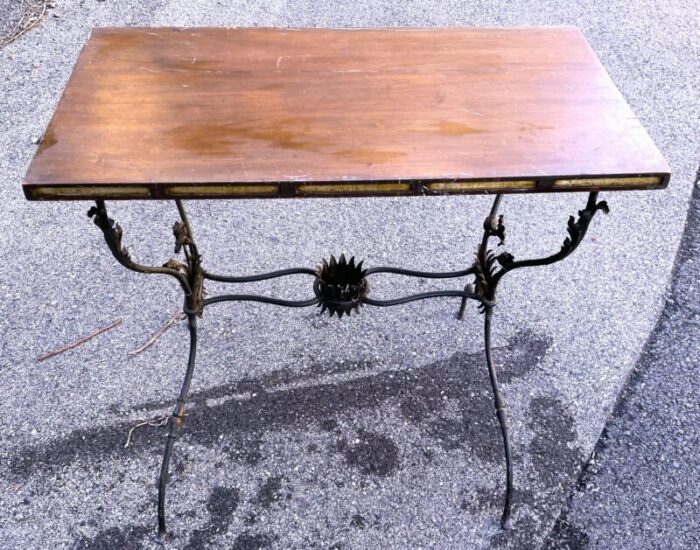 french wrought iron side table w flowers and wooden top 1790