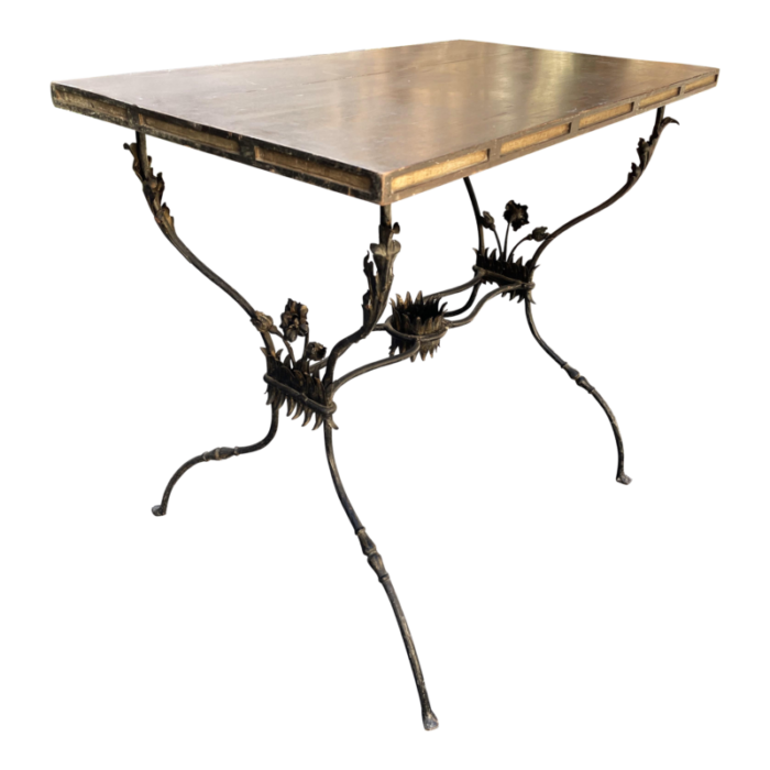 french wrought iron side table w flowers and wooden top 6863