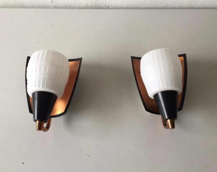 german black opal glass copper coloured metal body sconces from kaiser leuchten 1970s set of 2 1