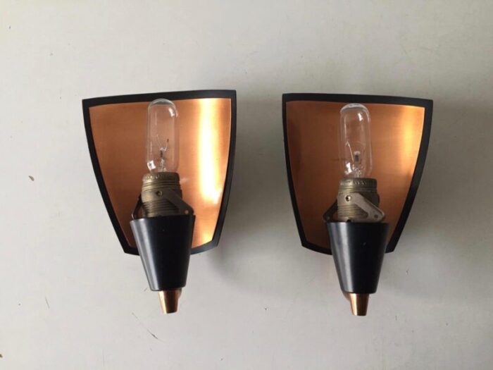 german black opal glass copper coloured metal body sconces from kaiser leuchten 1970s set of 2 4