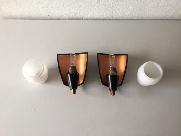 german black opal glass copper coloured metal body sconces from kaiser leuchten 1970s set of 2 5