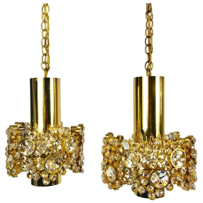 german gilt brass and crystal glass chandeliers by palwa 1970s set of 2 1