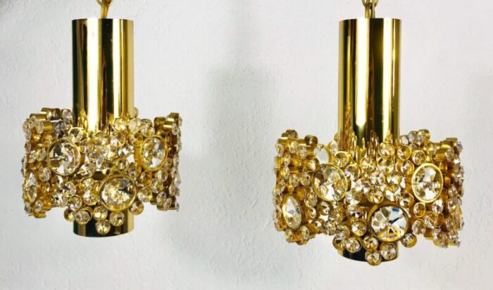 german gilt brass and crystal glass chandeliers by palwa 1970s set of 2 2