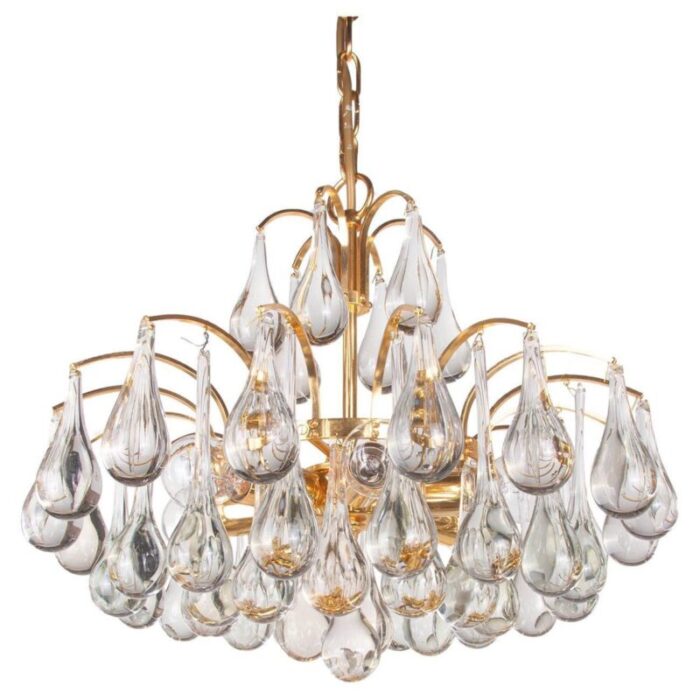 german murano glass tear drop gilt brass chandelier from palwa 1960 1