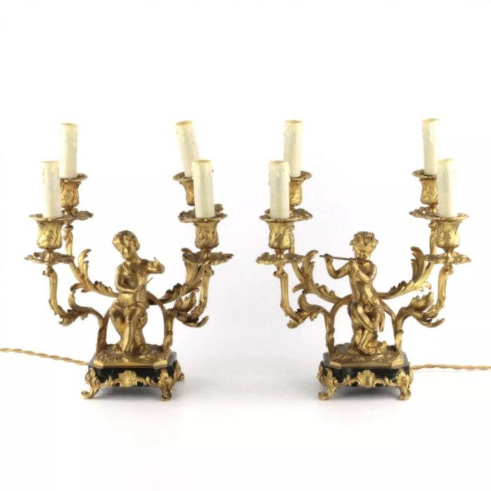 gilded bronze lamp with cupids playing music set of 2 1