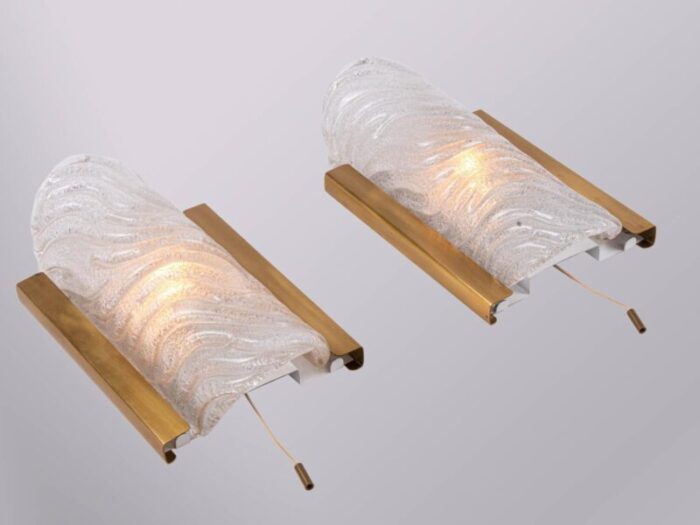 glass brass wall sconces by j t kalmar 1960s set of 2 3