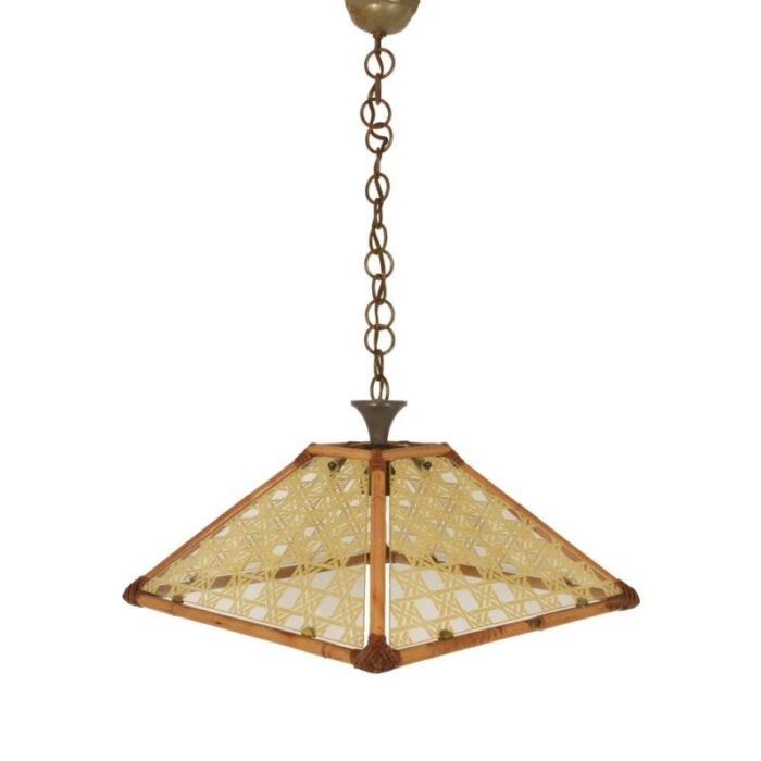 glass rattan bamboo brass pendant light italy 1970s 2