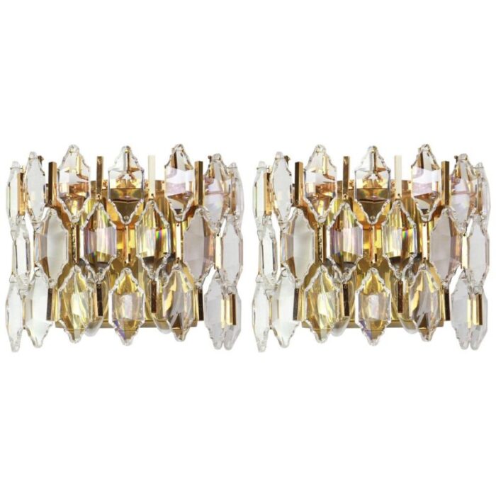 golden gilded brass and crystal sconces from palwa germany 1970s set of 2 1