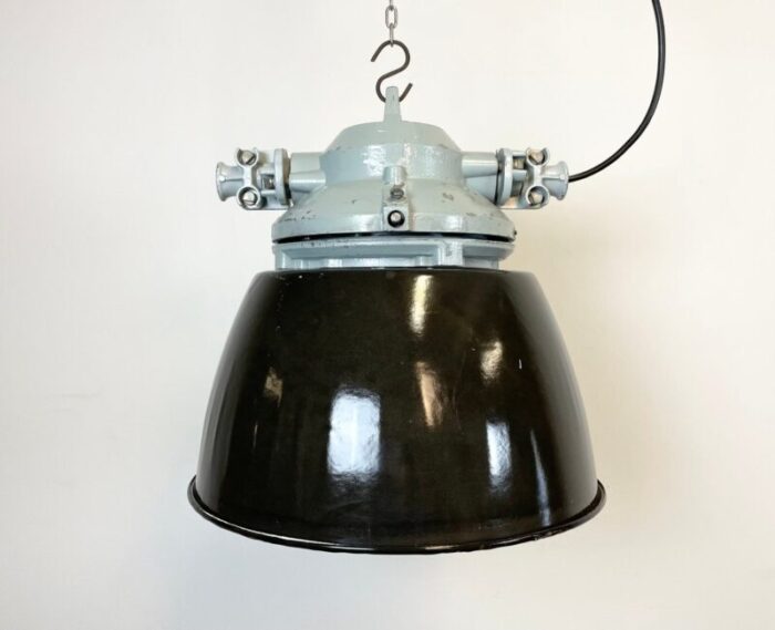 grey explosion proof lamp with black enameled shade from elektrosvit 1970s 2