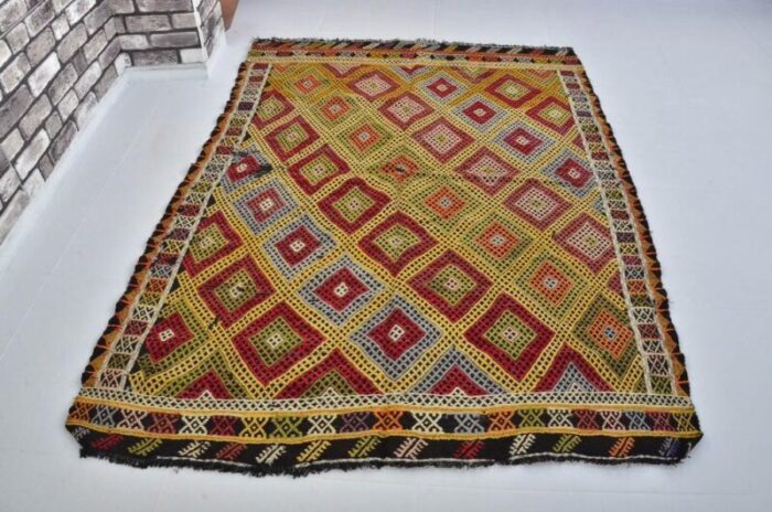 handmade geometric wool kilim rug 1960s 3253