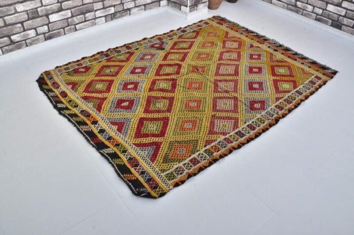 handmade geometric wool kilim rug 1960s 7767