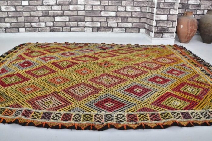 handmade geometric wool kilim rug 1960s 9586