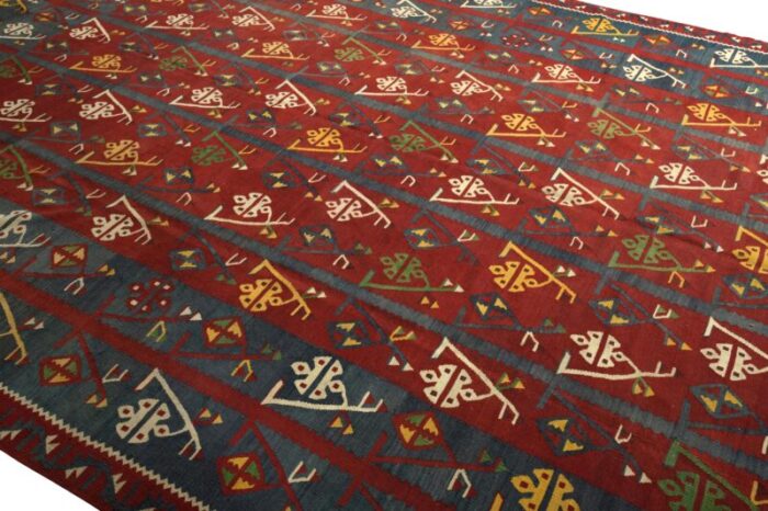 handwoven antique kilim rug in red and blue geometric all over pattern 1754