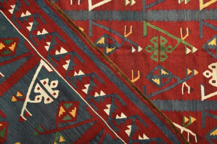 handwoven antique kilim rug in red and blue geometric all over pattern 6559