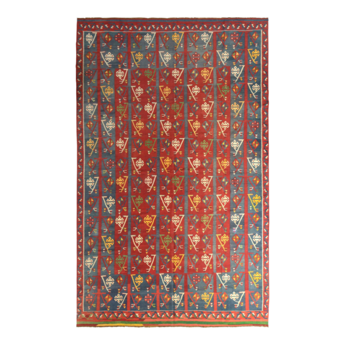 handwoven antique kilim rug in red and blue geometric all over pattern 6587