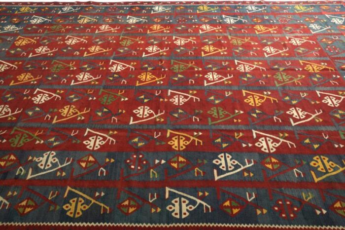 handwoven antique kilim rug in red and blue geometric all over pattern 9968