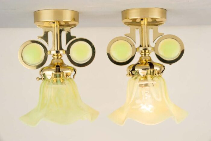 hanging lamps with original opaline glass shades 1910s set of 2 3