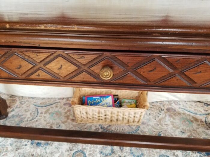 harvest table with fold up top and flanked by three drawers 20th century 5280