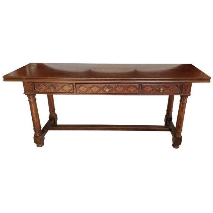 harvest table with fold up top and flanked by three drawers 20th century 7261