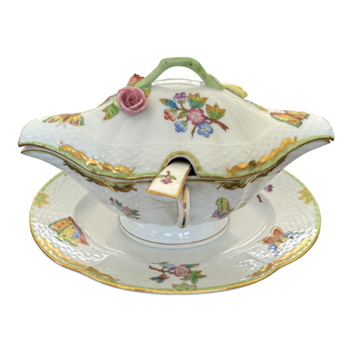 herend queen victoria gravy boat with cover and spoon 9444