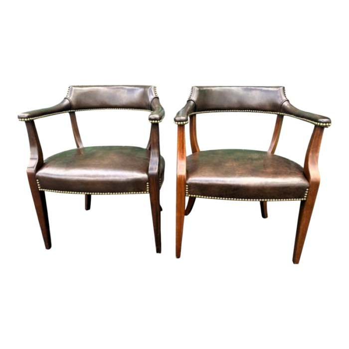 hickory chair company leather and mahogany club chairs vintage mid 20th century a pair 1377