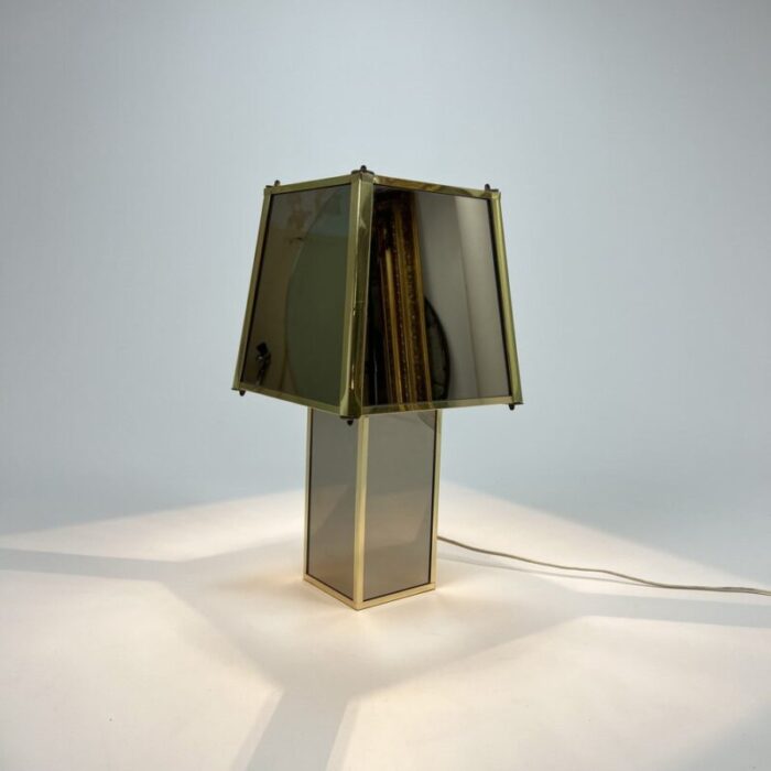 hollywood regency brass smoked mirror table lamp belgium 1970s 3