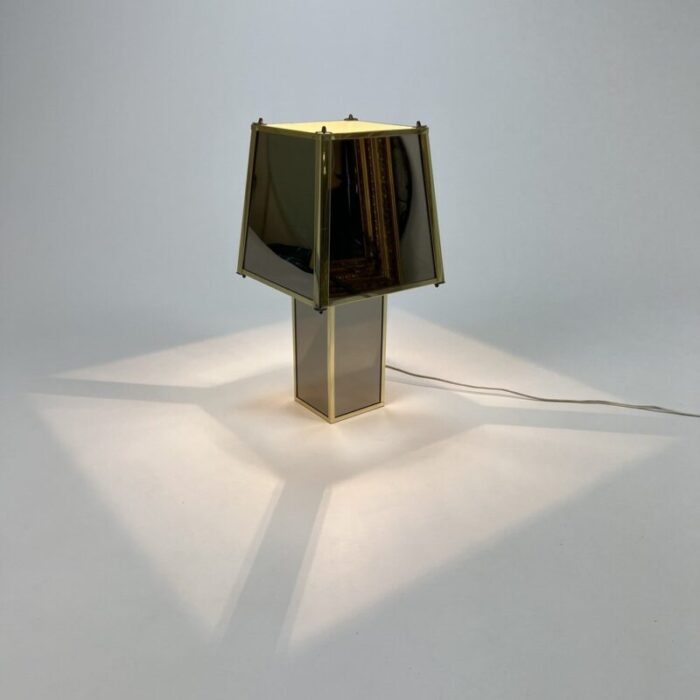 hollywood regency brass smoked mirror table lamp belgium 1970s 6