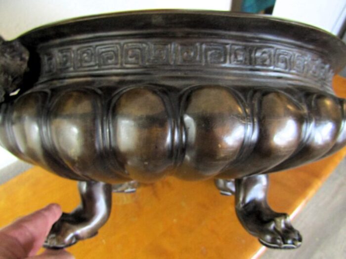 huge round lion jardiniere planter in embossed copper and bronze 19th century 9884