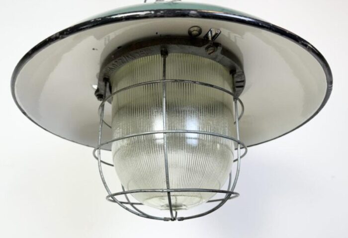 industrial green enamel factory cage pendant lamp in cast iron 1960s 1114